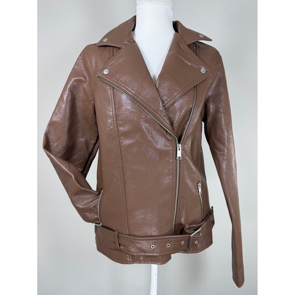 Old Navy Faux Leather Moto Jacket Women ST Brown Earthy Tall Girl Edgy Biker